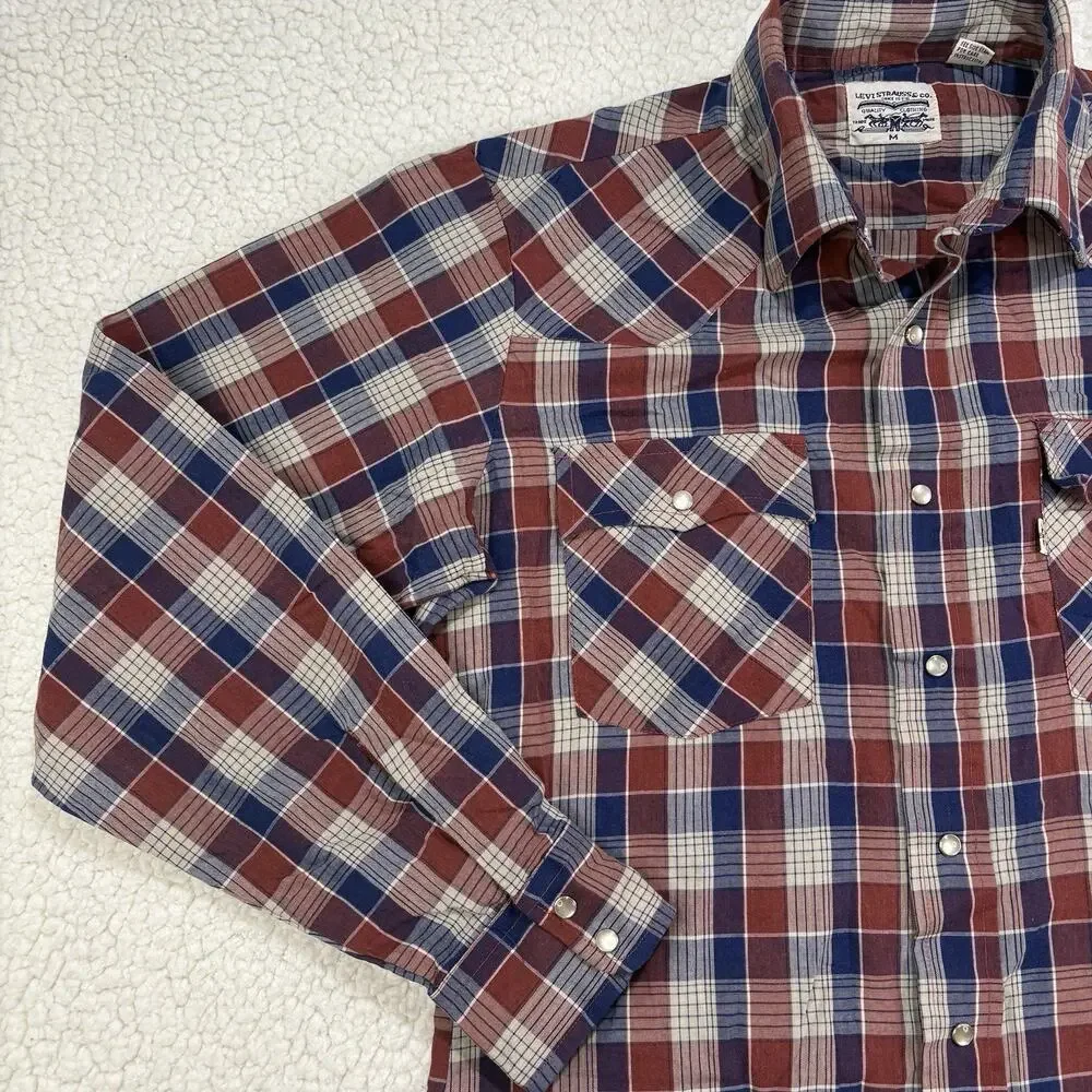 Vintage‎ Levi Strauss & Co Western Pearl Snap Shirt Mens Size M Red Blue Plaid